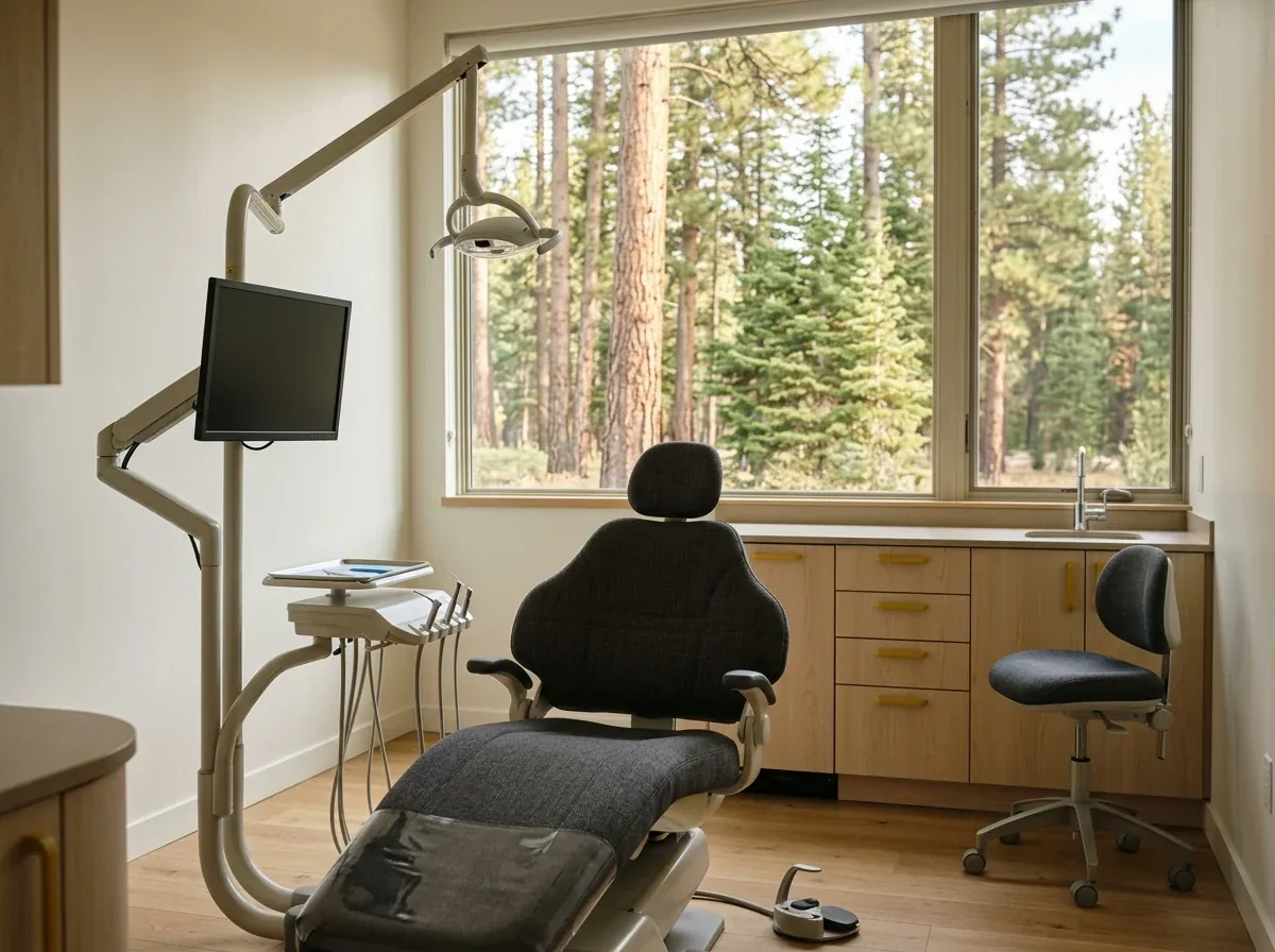A treatment room with a dental chair